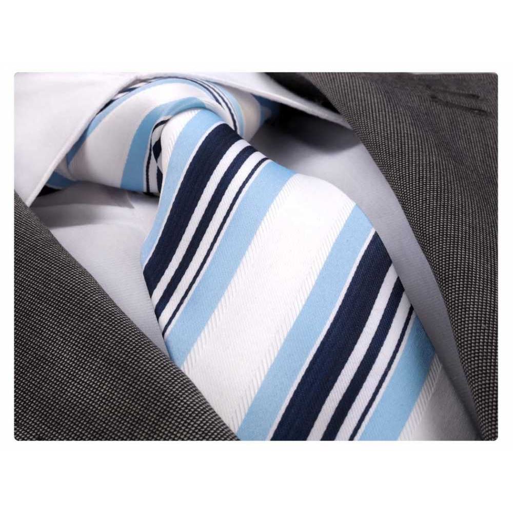 Lacivert Mavi Çizgili Klasik Beyaz Kravat