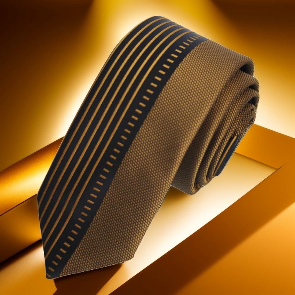 Gold Copper Striped Black Custom Panel Cut Slim Fashion Slim Tie