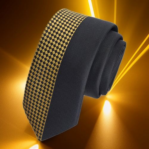 Gold Black Half Checkered Pattern Custom Panel Cut Slim Fashion Slim Tie
