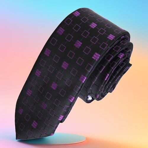 Purple Checkered Geometric Black Jacquard Woven Slim Fashion Slim Tie