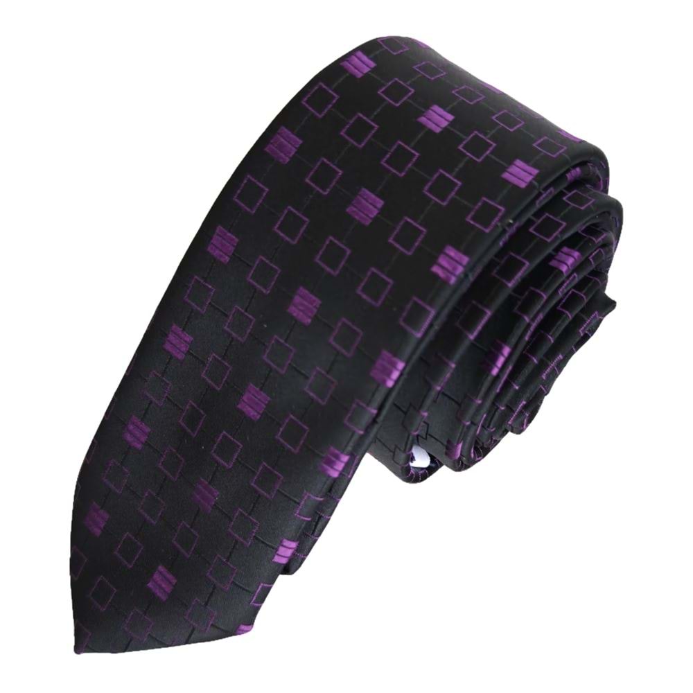 Purple Checkered Geometric Black Jacquard Woven Slim Fashion Slim Tie