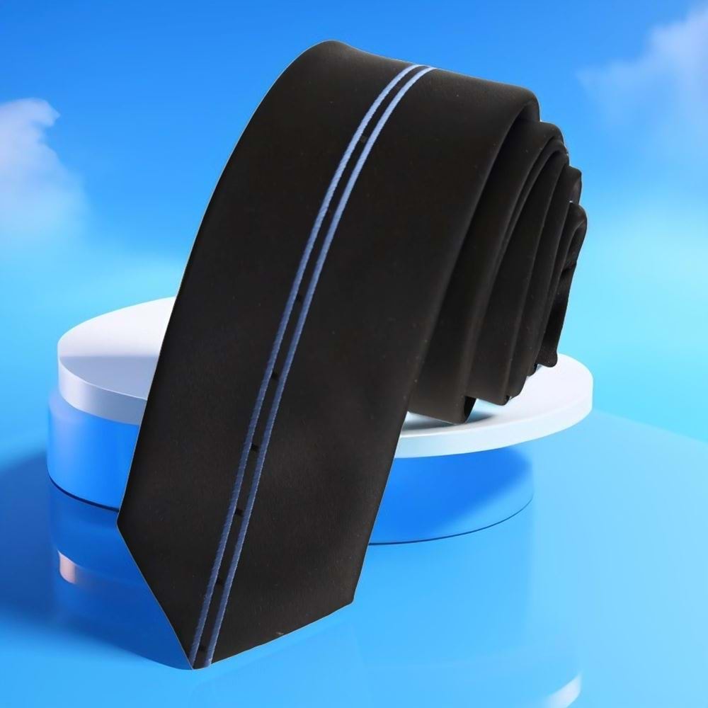Custom Cut Slim Fashion Slim Tie with double Blue Stripes in the middle of black