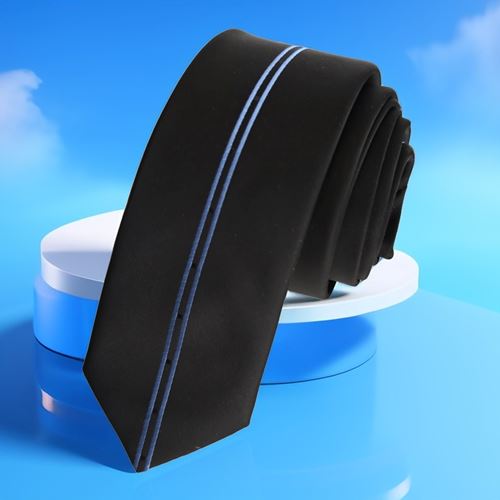 Custom Cut Slim Fashion Slim Tie with double Blue Stripes in the middle of black