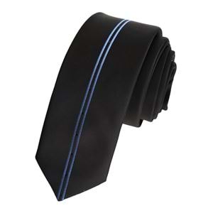 Custom Cut Slim Fashion Slim Tie with double Blue Stripes in the middle of black