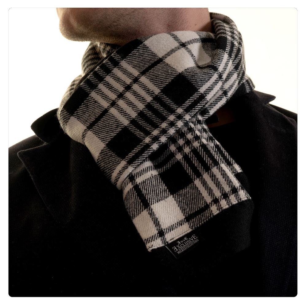 White Black Plaid Wool Mens Scarf