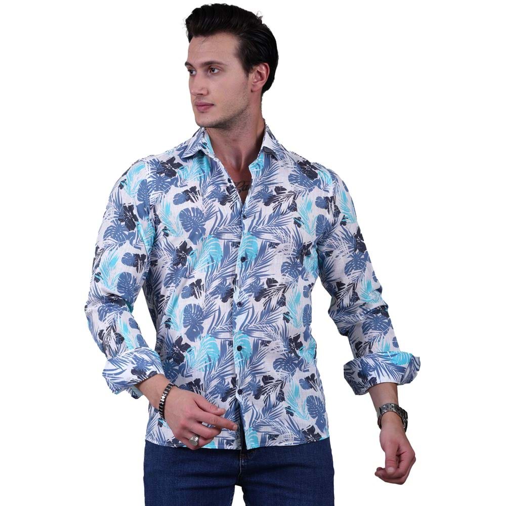 Blue and Turquoise Hawiian Linen Men's Shirt