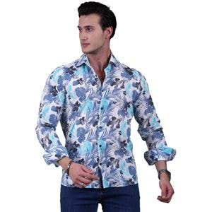 Blue and Turquoise Hawiian Linen Men's Shirt