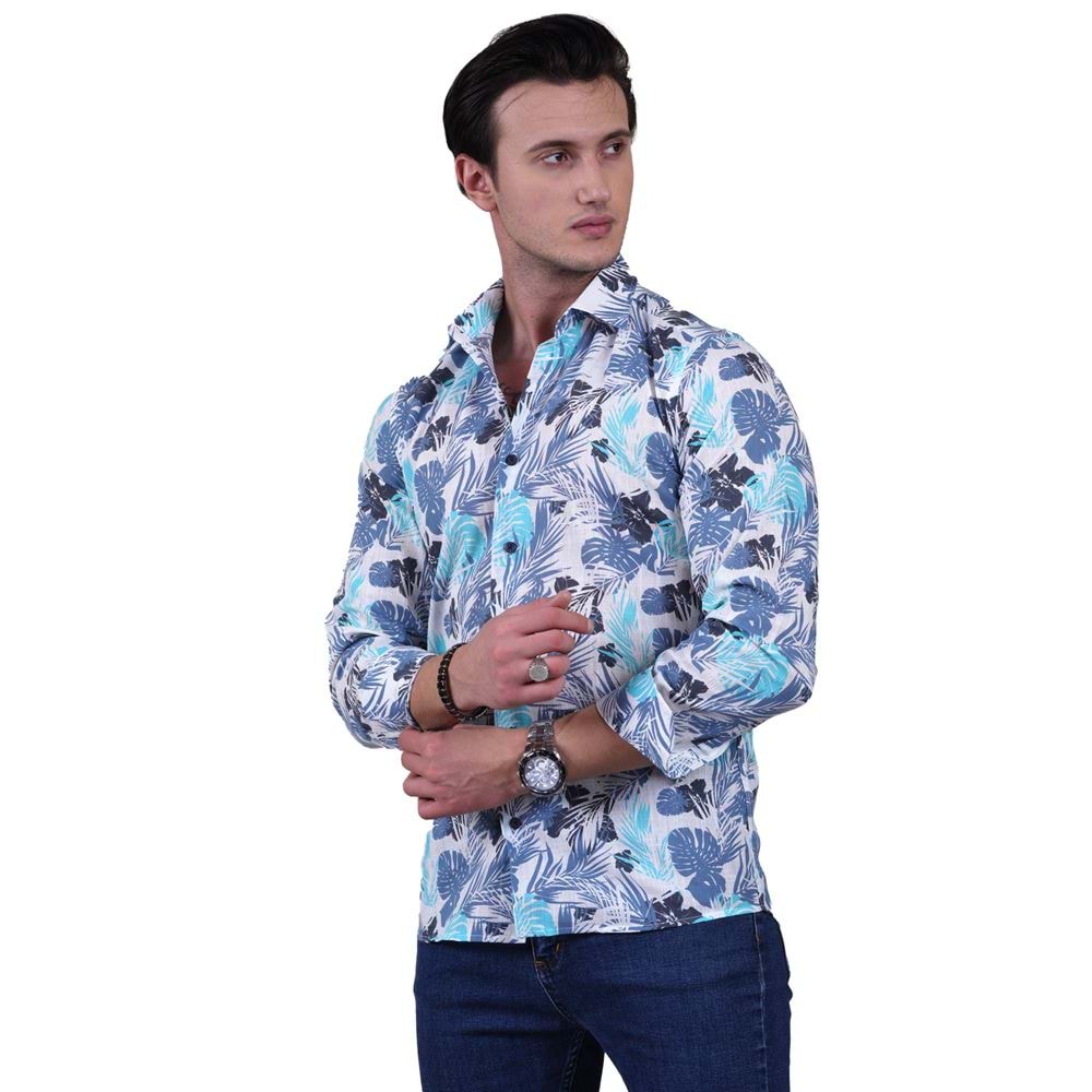 Blue and Turquoise Hawiian Linen Men's Shirt