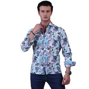 Blue and Turquoise Hawiian Linen Men's Shirt