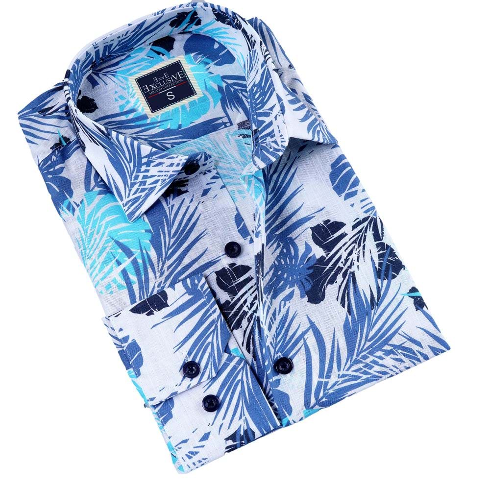 Blue and Turquoise Hawiian Linen Men's Shirt