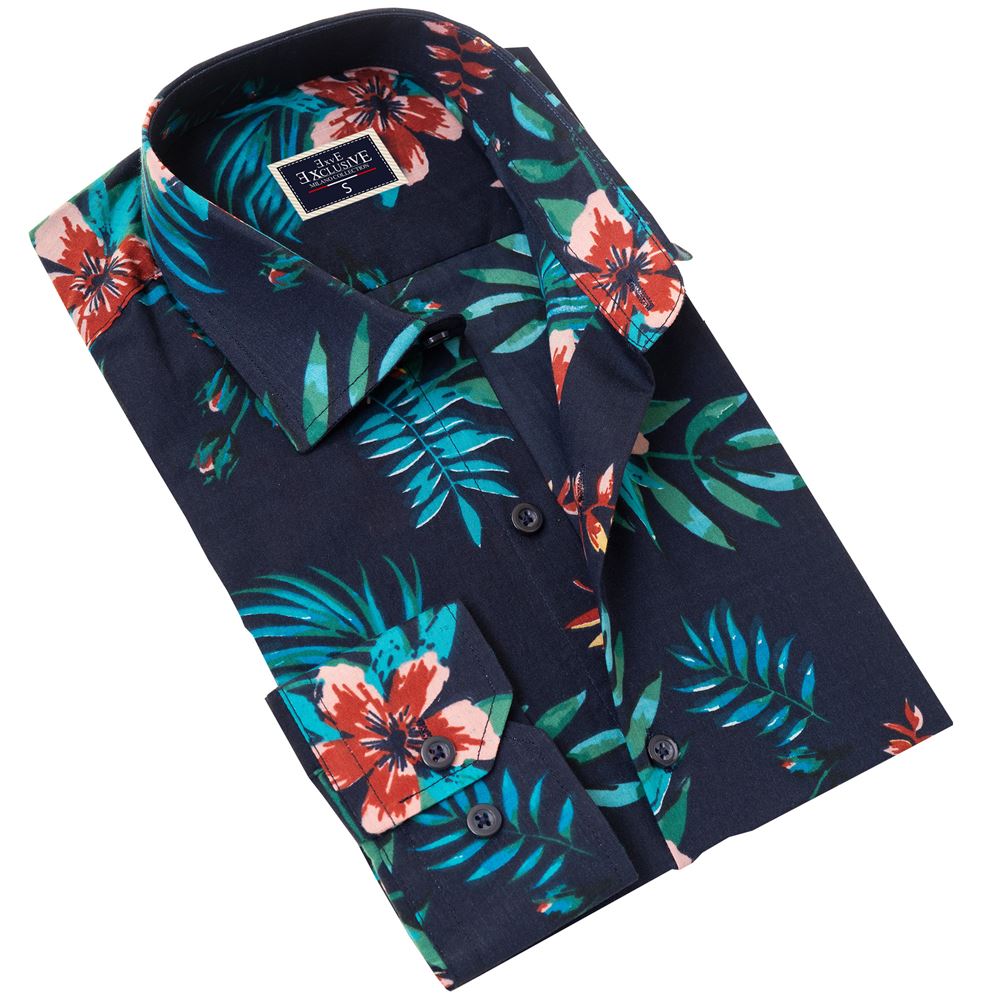 Navy with Tropical Floral Rotation Printing Men's Shirt