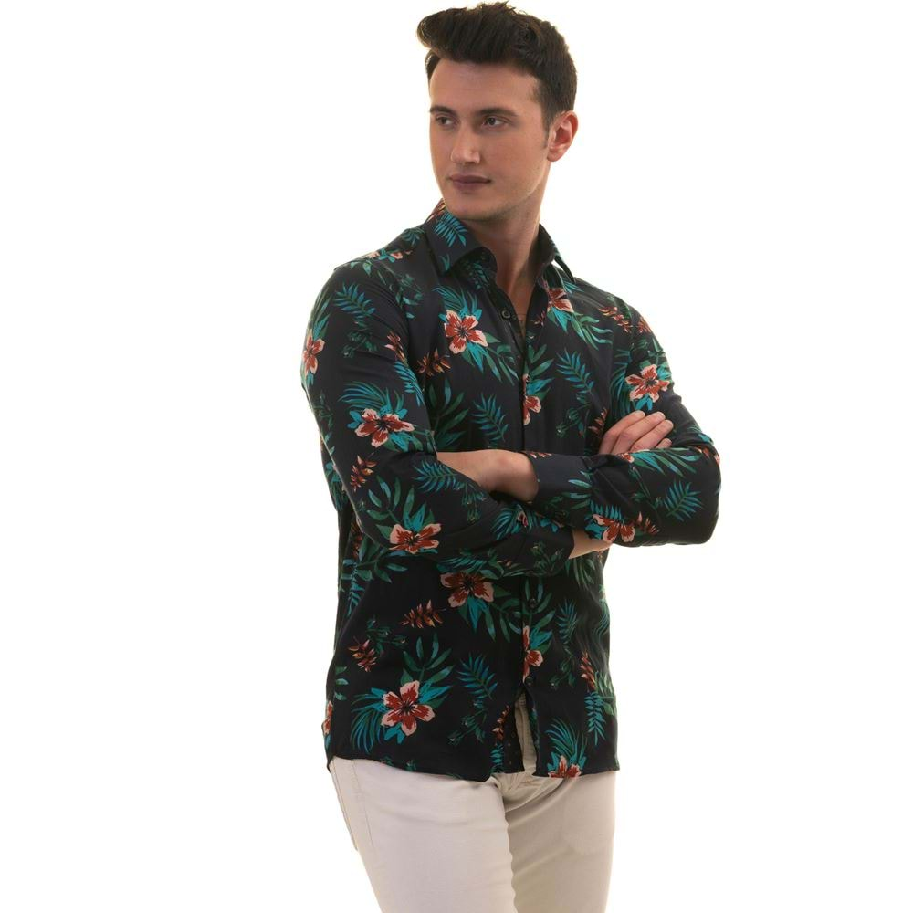 Navy with Tropical Floral Rotation Printing Men's Shirt