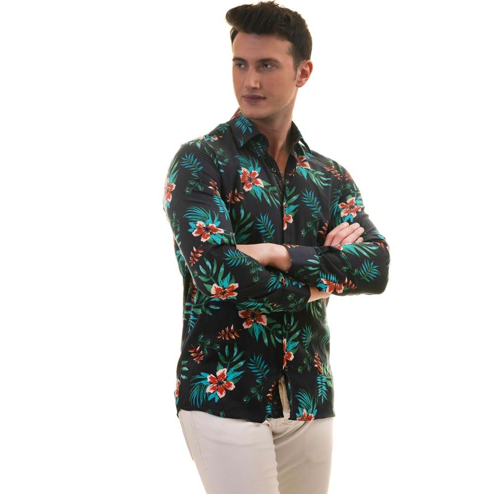Navy with Tropical Floral Rotation Printing Men's Shirt