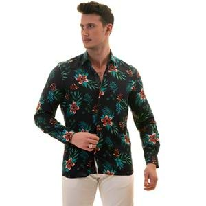 Navy with Tropical Floral Rotation Printing Men's Shirt