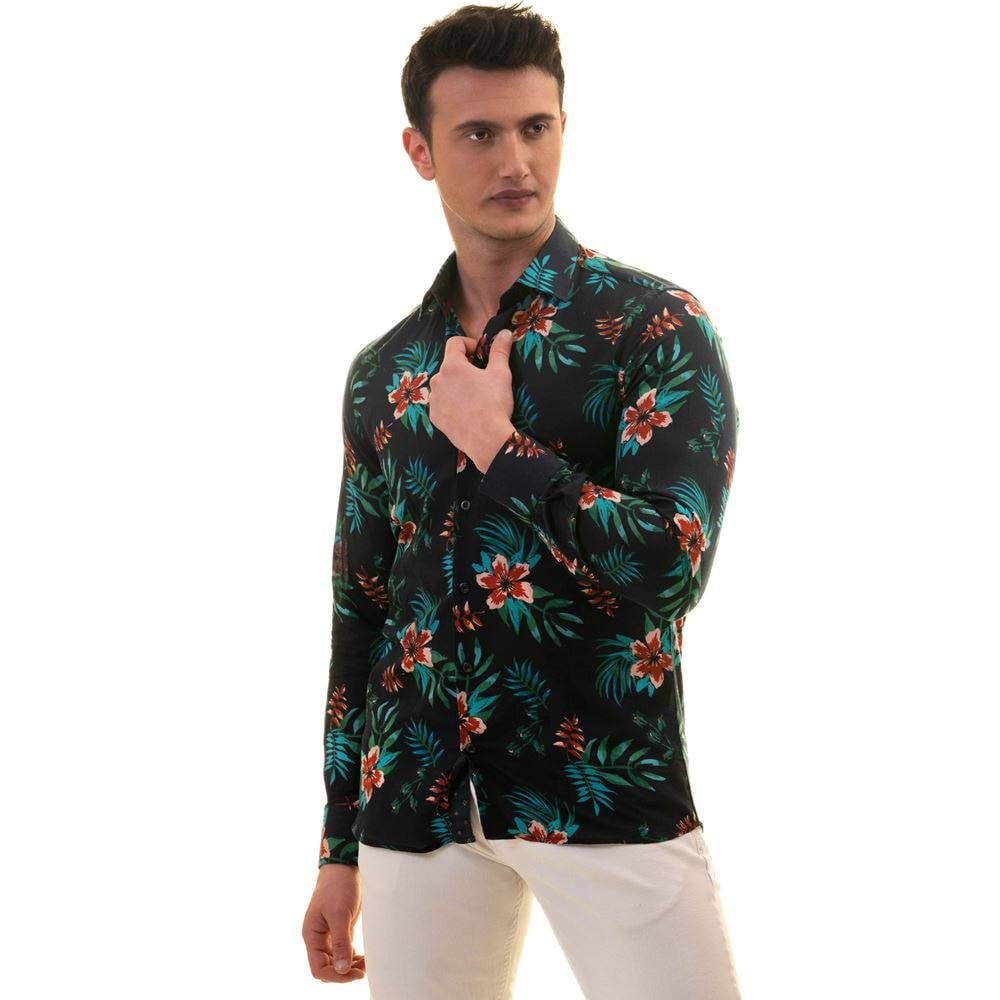 Navy with Tropical Floral Rotation Printing Men's Shirt