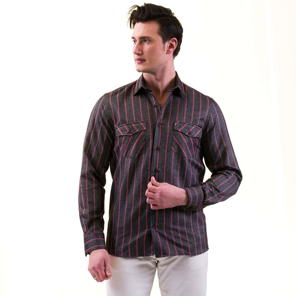 Red Striped Black Wool Men's Shirt