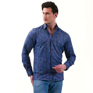 Navy Blue Squares Wool Men's Shirt