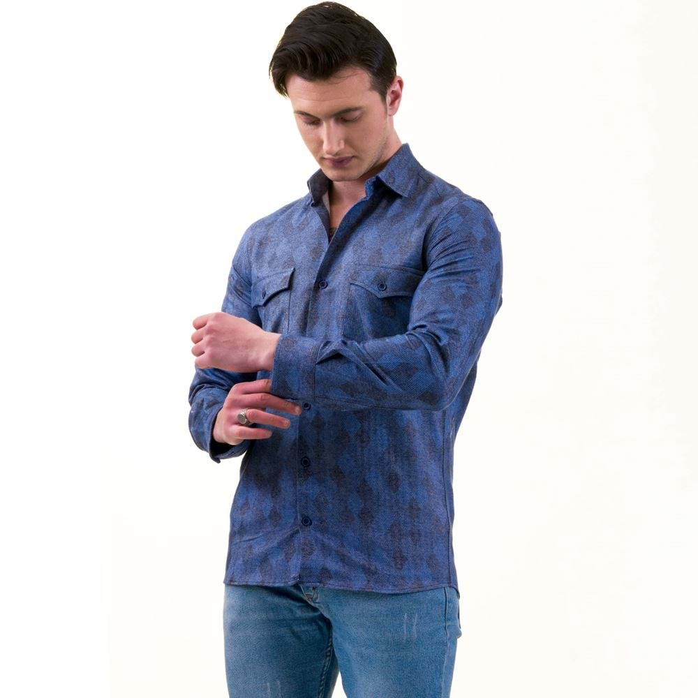 Navy Blue Squares Wool Men's Shirt