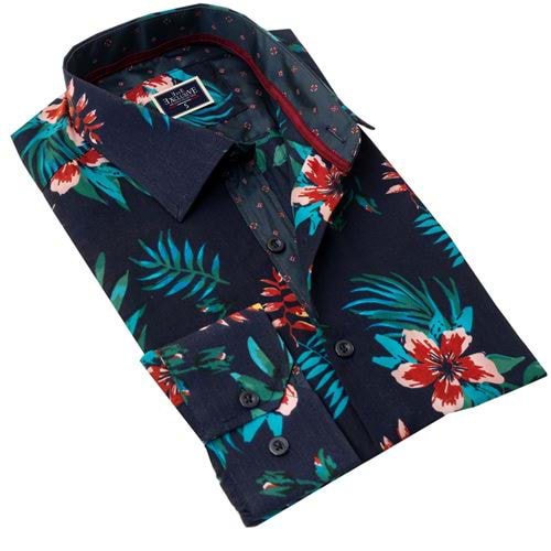 Navy with Burgundy Flower interior Men's Shirt