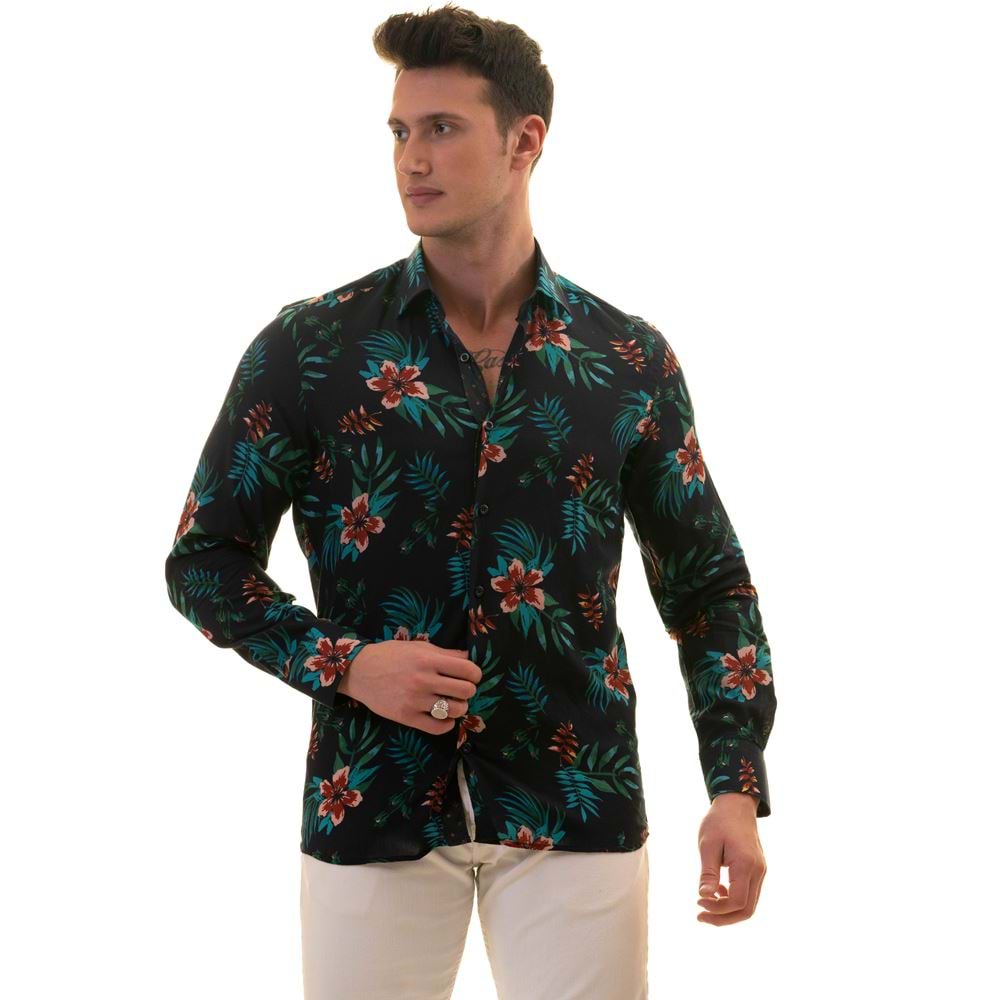Navy with Burgundy Flower interior Men's Shirt