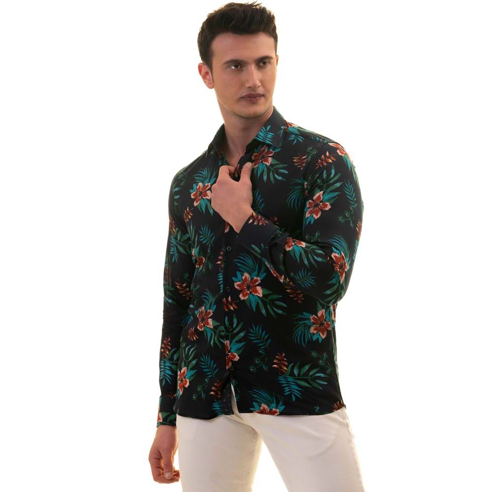 Navy with Burgundy Flower interior Men's Shirt