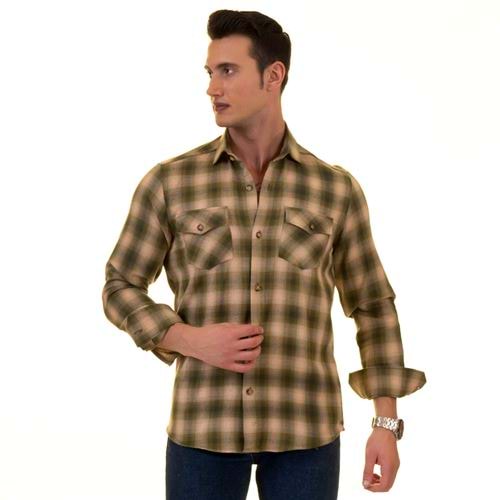 Green & Beige Plaid Wool Men's Shirt