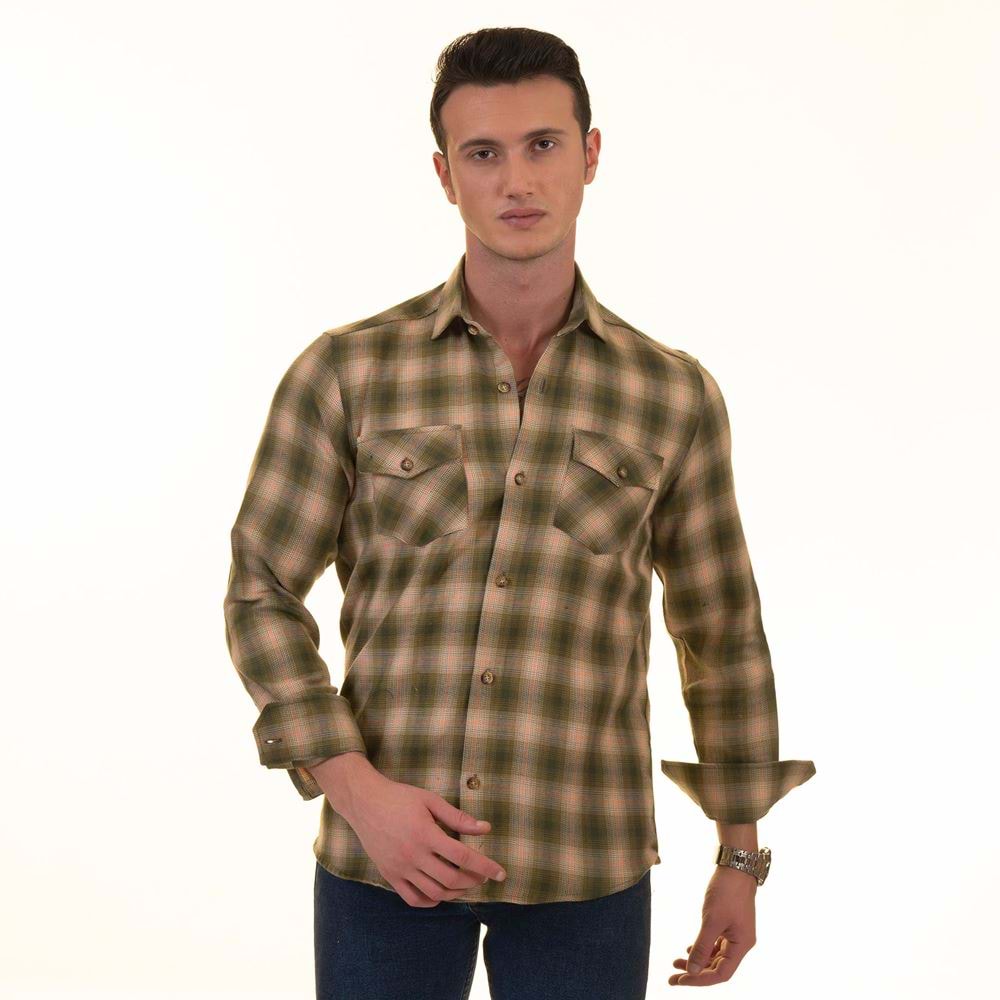 Green & Beige Plaid Wool Men's Shirt
