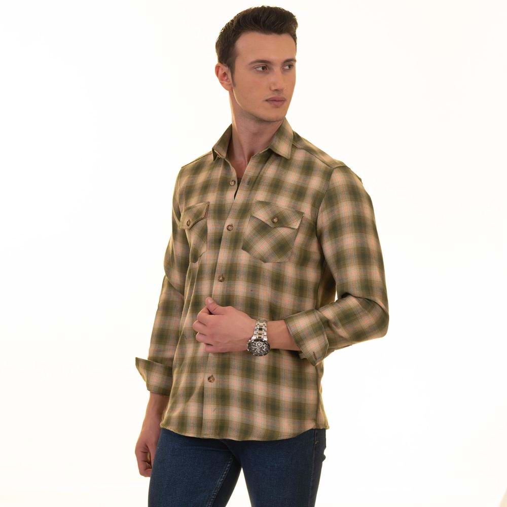 Green & Beige Plaid Wool Men's Shirt