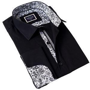 Black and White Paisley Detailed French Cuff Shirt