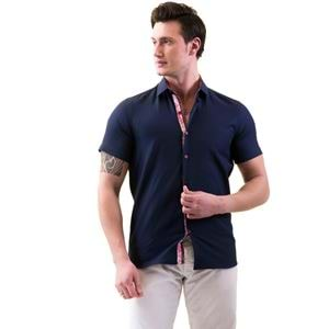 Navy with Red Paisley Placket Men's Short Sleeves Shirt