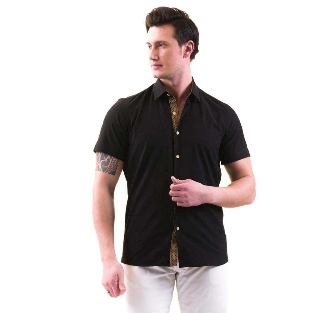 Black with Honeycomb Placket Men's Short Sleeves Shirt