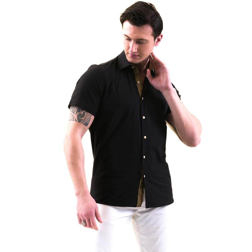 Black with Honeycomb Placket Men's Short Sleeves Shirt