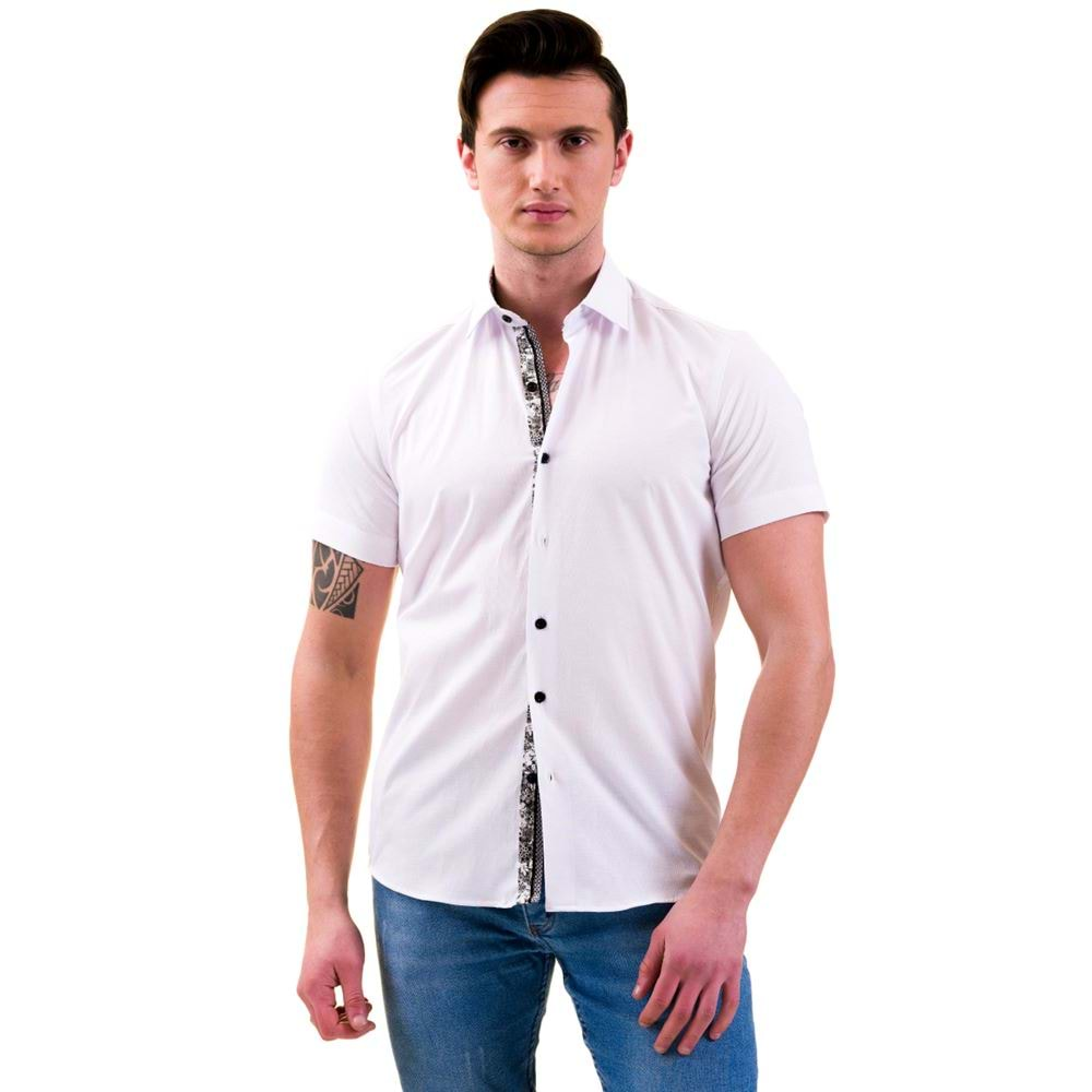 White with Floral Placket Men's Short Sleeves Shirt