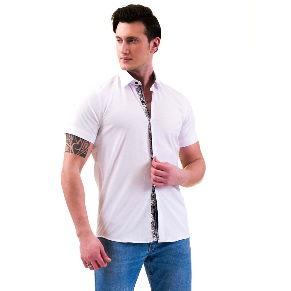 White with Floral Placket Men's Short Sleeves Shirt