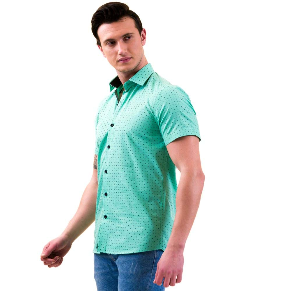 Turquoise with Navy Printed Geometric Men's Short Sleeves Shirt