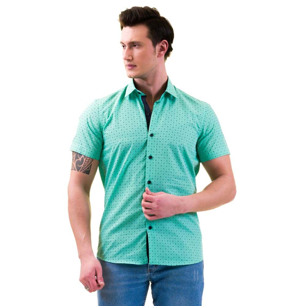 Turquoise with Navy Printed Geometric Men's Short Sleeves Shirt