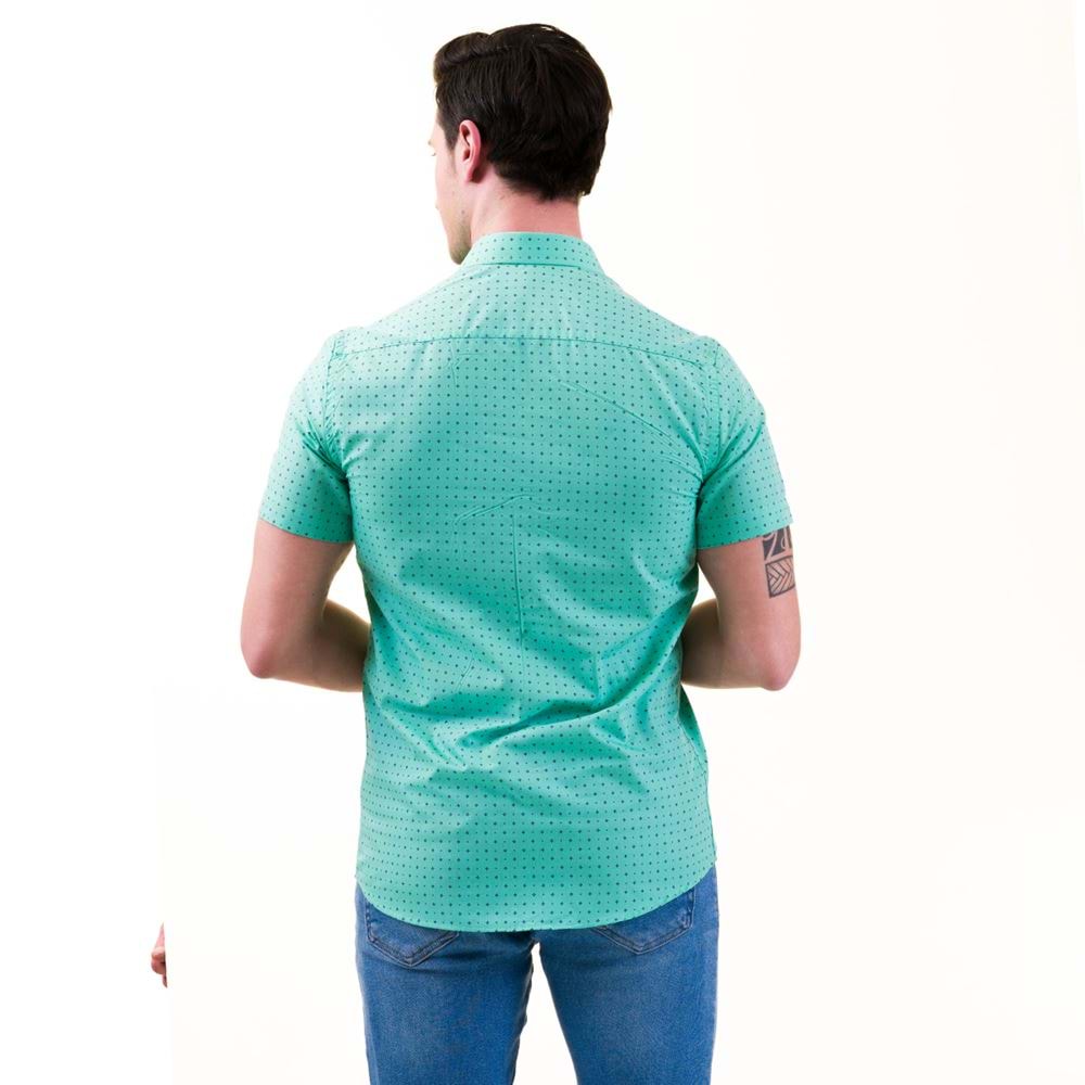 Turquoise with Navy Printed Geometric Men's Short Sleeves Shirt