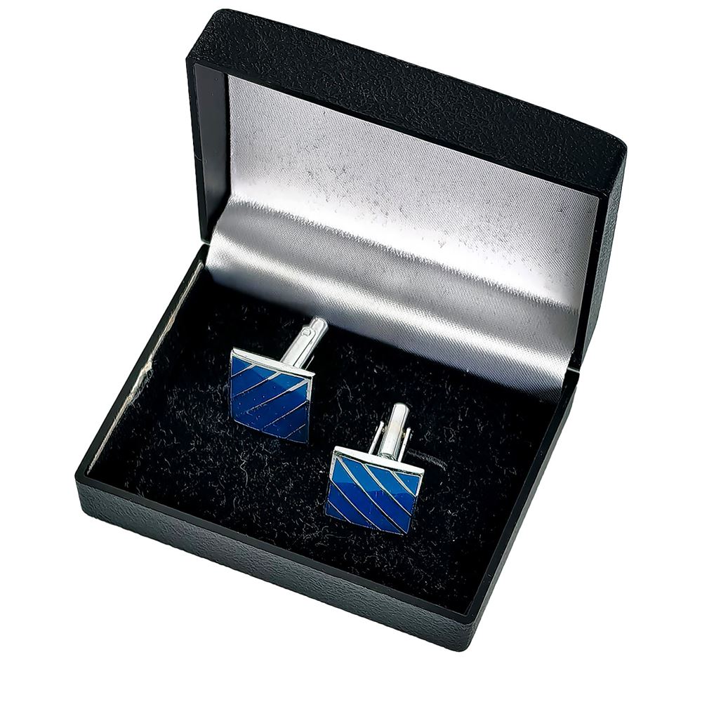 Blue Silver Striped Pair of Cufflinks with Box