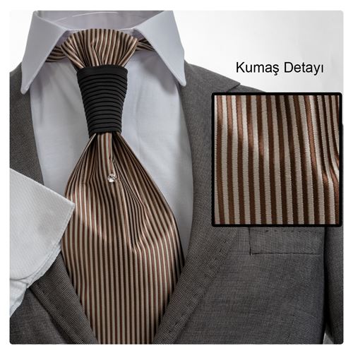 Kahverengi Bej Elegant Jakar Dokuma Tuxedo Tie Set