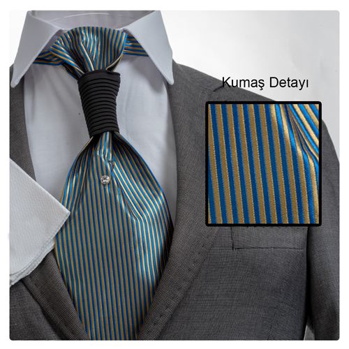 Sarı Lacivert Elegant Jakar Dokuma Tuxedo Tie Set