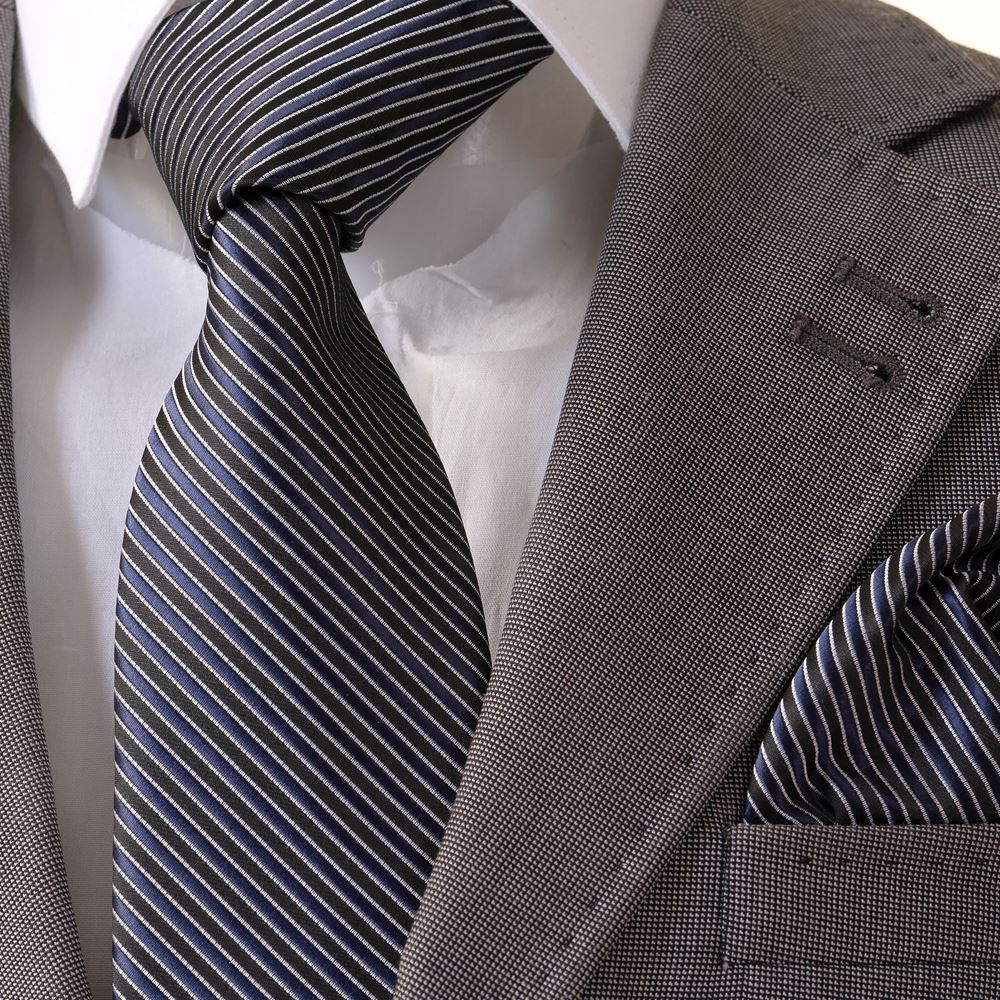 Siyah Mavi Beyaz Çizgili Jakarlı Tie & Pocket Square Set
