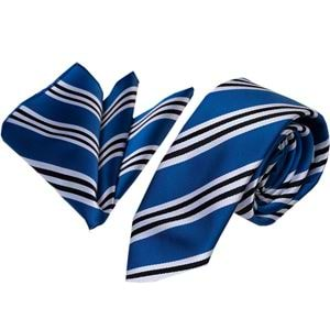 Blue White Black Striped Tie & Hanky Set