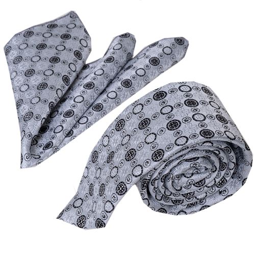 Gray Geometric Designer Tie & Hanky Set