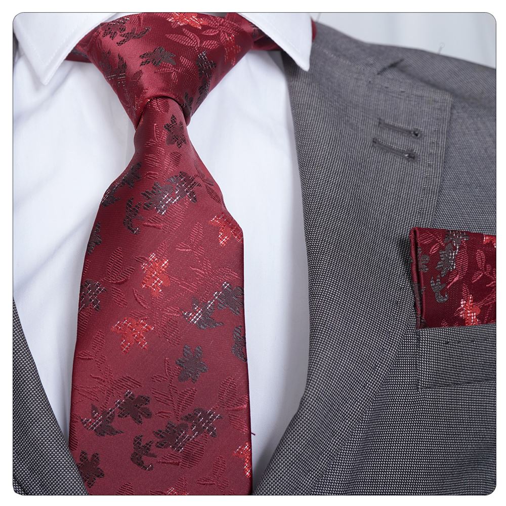 Burgundy Black Floral Elegant Tie & Pocket Square Set