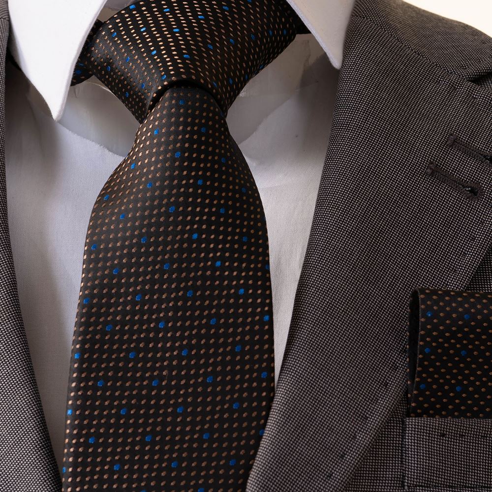Brown Blue Polka Dot Tie Pocket Square Set