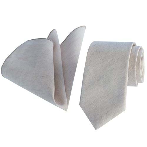 Beige Cream Linen Tie & Pocket Square Set