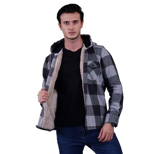 Black Gray Checkered Men's Fur Lined Jacket Shirt