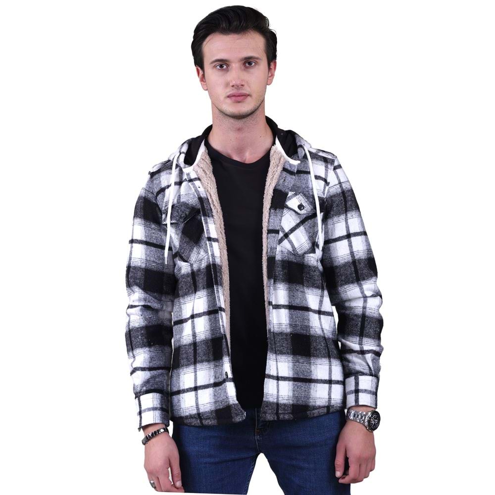 Black White Plaid Men's Fur Lined Jacket Shirt