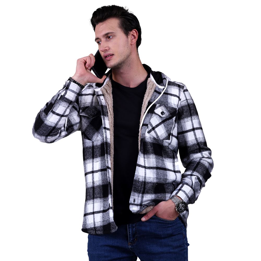 Black White Plaid Men's Fur Lined Jacket Shirt