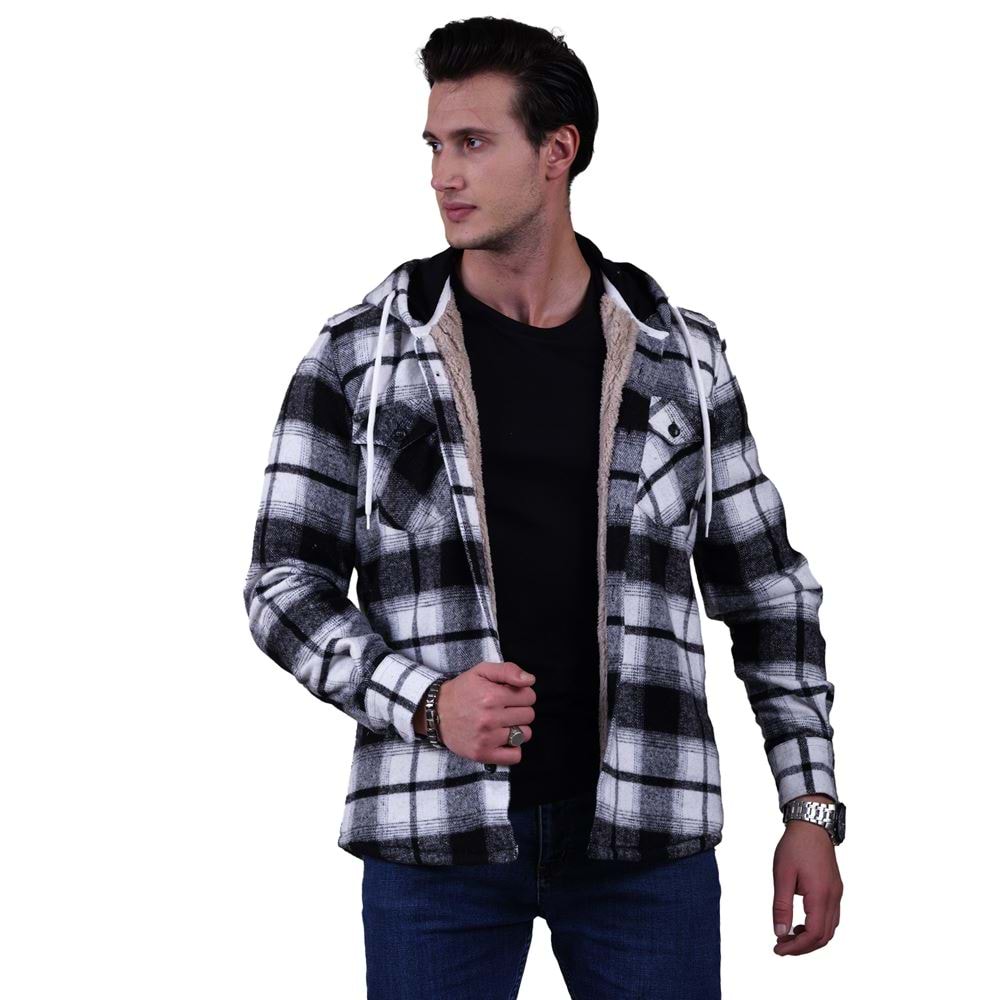 Black White Plaid Men's Fur Lined Jacket Shirt